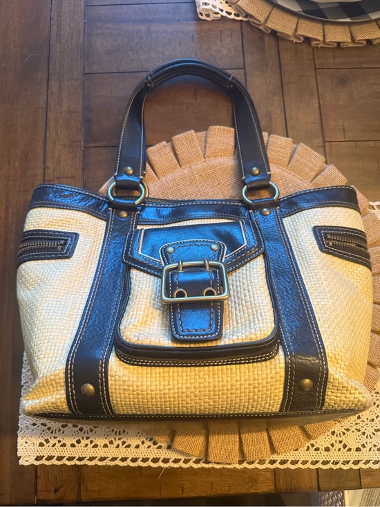 Coach Handbags - Vintage Coach Cream and Dark Brown Woven Shoulder Bag with Buckle Front